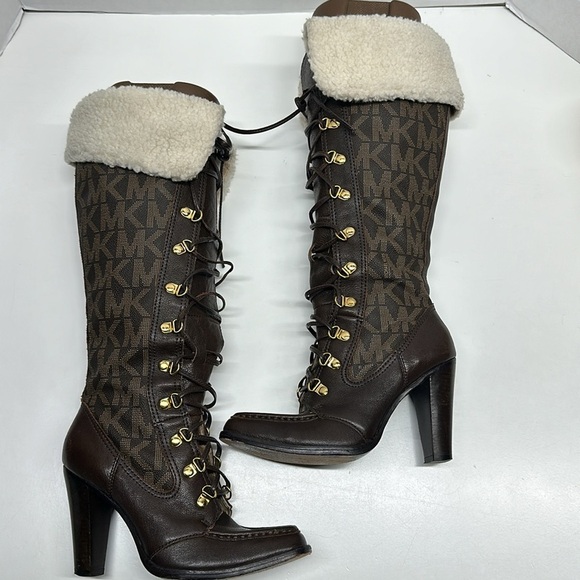 Michael Kors Warrior Lace Up High Heels Leather Tall Boots Sherpa Brown Size 6.5 - Picture 2 of 12